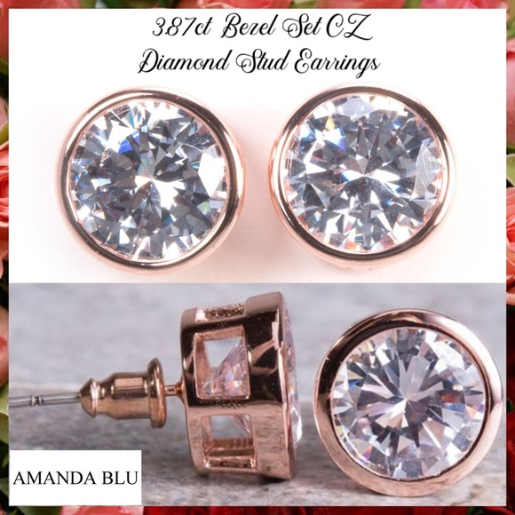 🆕 3.87ct Bezel CZ Diamond Rose Gold Stud Earrings - Picture 2 of 4